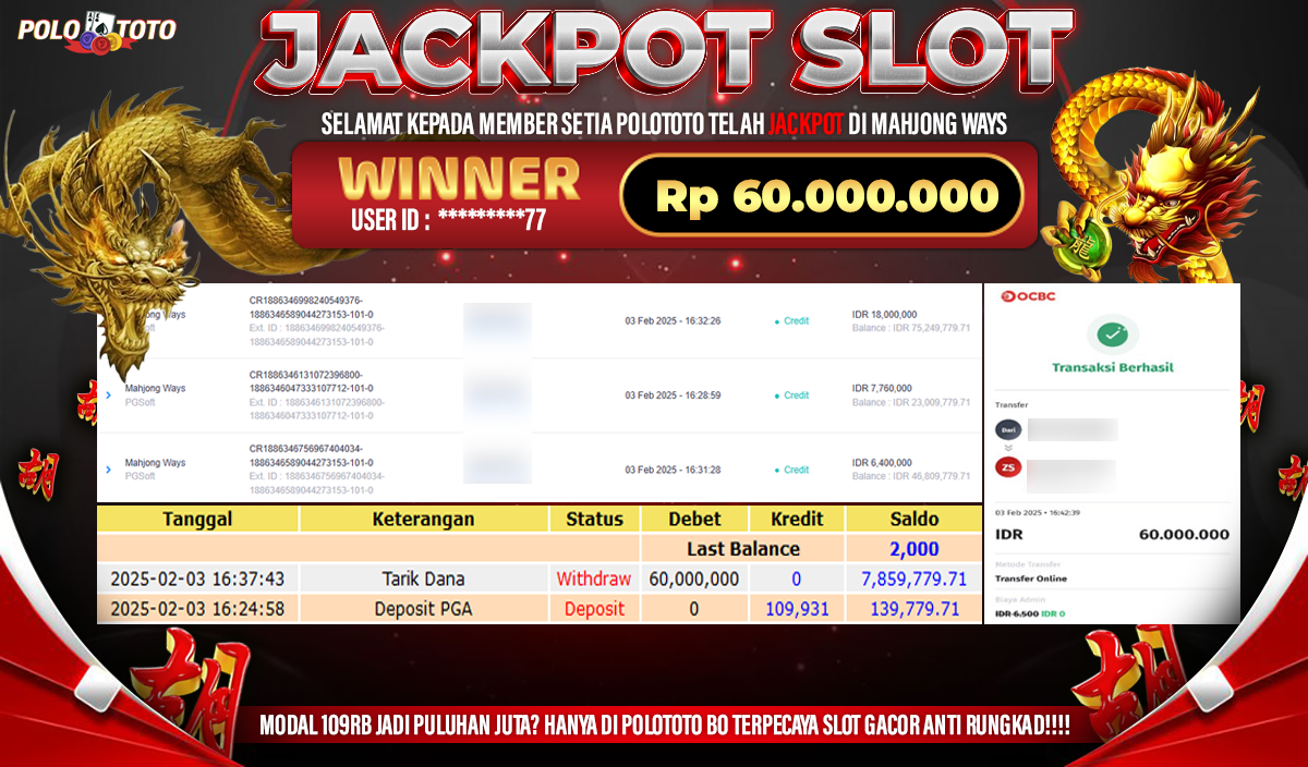 POLOTOTO JACKPOT SLOT MAHJONG WAYS Rp.60,000.000,-
