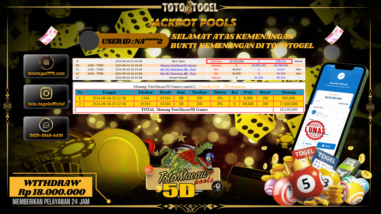 Bukti Kemenangan Permainan Togel Toto Macau 5D Pools Dengan ID : NA*****2  Terbayar Lunas!!