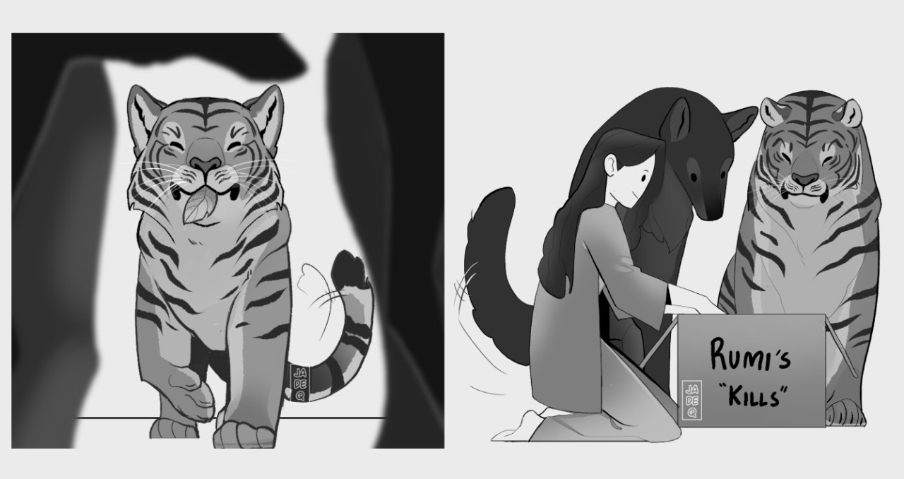 Black and white doodles of fully shifted Rumi with her leaf kill. Next part shows Celine keeping the leaf in a box labelled Rumi's kills. Proud looking Wolf Poppy and Tiger Miyeong are seen.