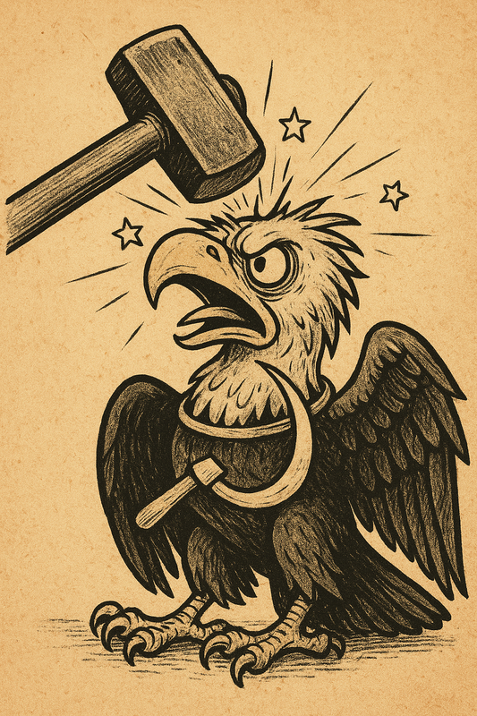 Caricature de la faucille et du marteau attaquant l'aigle impérial.