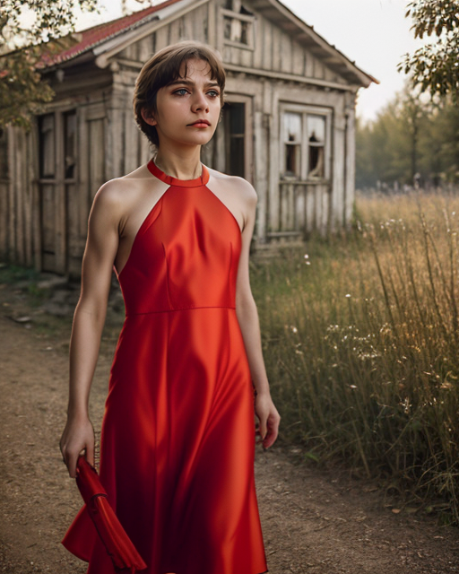 00136-1458807389-4527-(AlSe_0.7), A woman in a red dress, action scene, outdoors, old soviet town _l