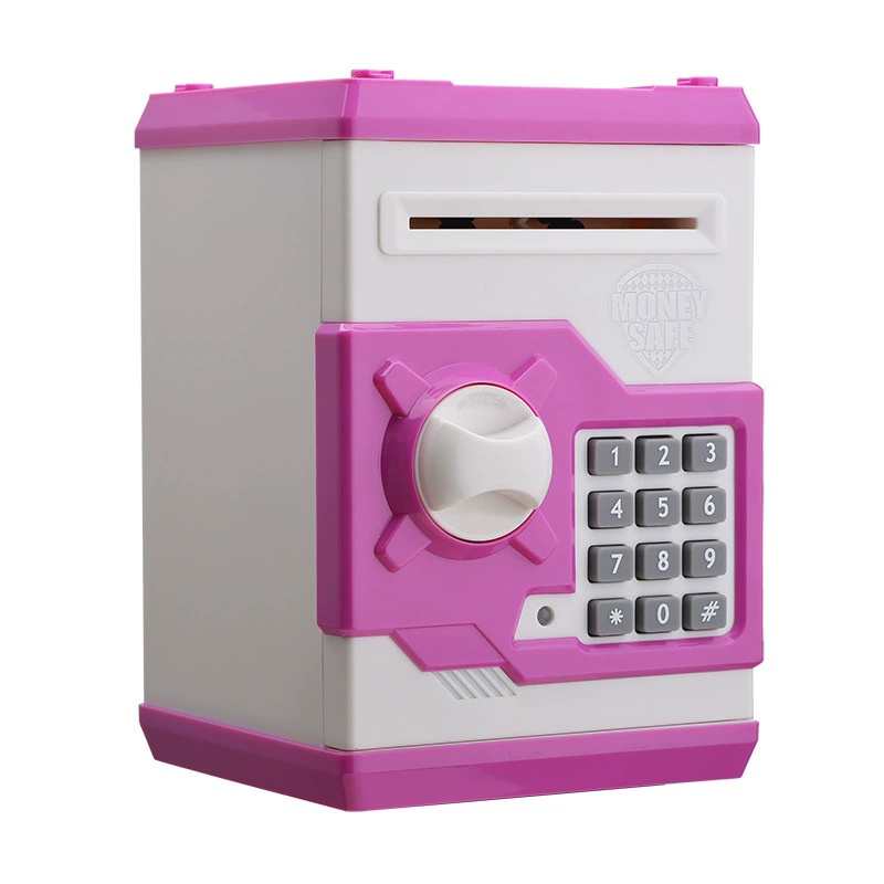 White and Pink Electronic Password Piggy Bank — An ATM-style automatic money-rolling safe featuring a digital keypad lock, 4-digit password security, and a coin slot. Powered by three AA batteries (not included), this educational and developmen