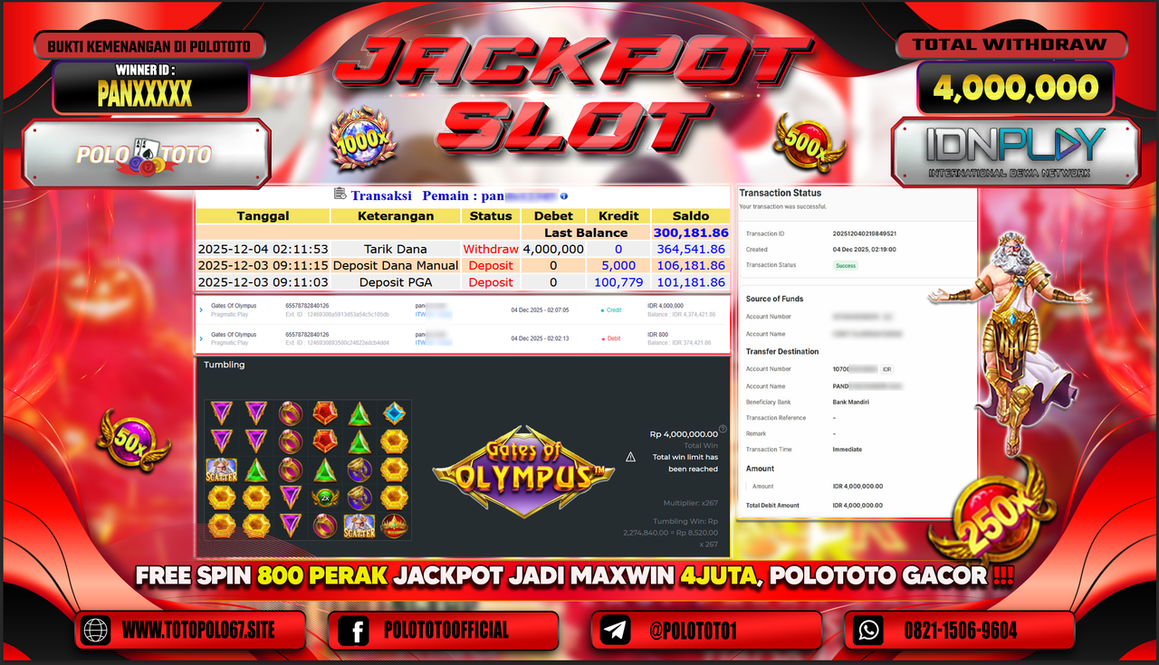 POLOTOTO JACKPOT SLOT GATES OLYMPUS Rp.4.000.000,- LUNAS