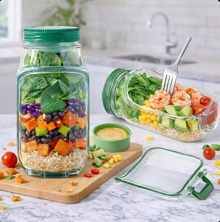 Dual-Opening Salad Jar Container with Built-In Sauce Cup and Leak-Proof Lid
