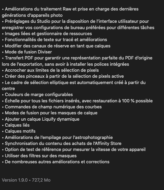 Nouveautés Affinity's 1.9.0