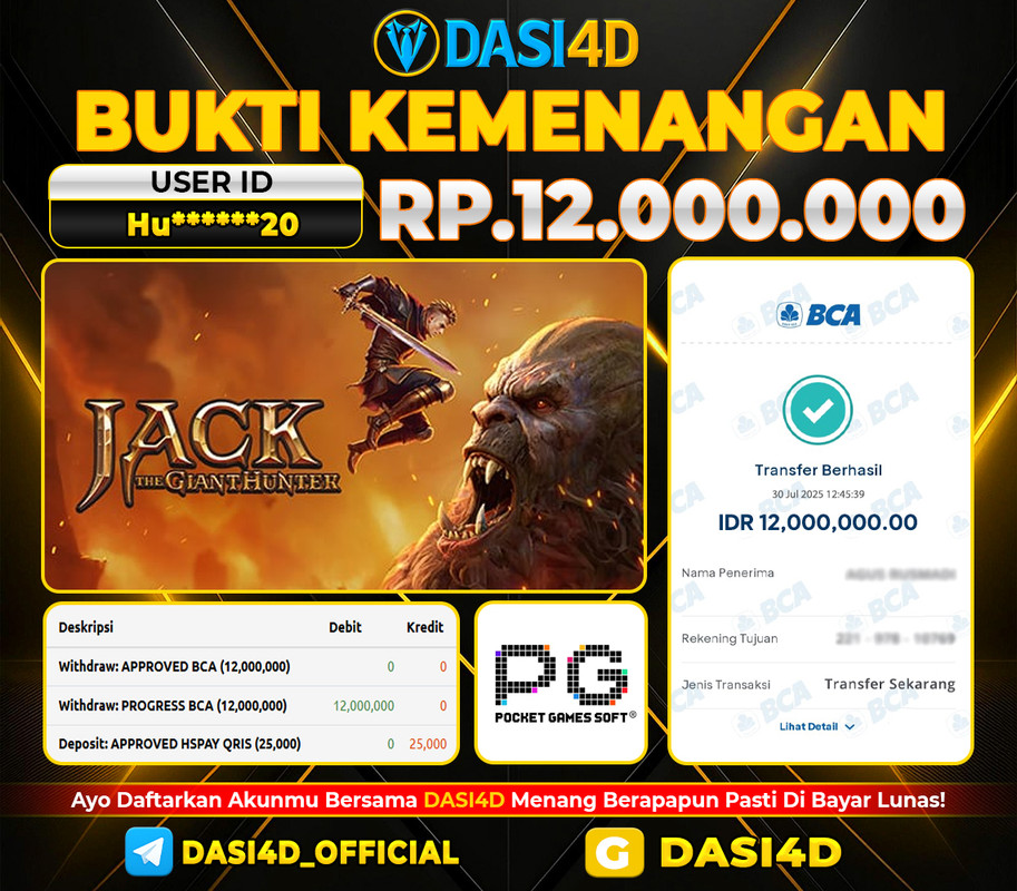 BUKTI KEMENANGAN 30 JULI 2025 DI JACK THE GIANT HUNTER RP 12.000.000