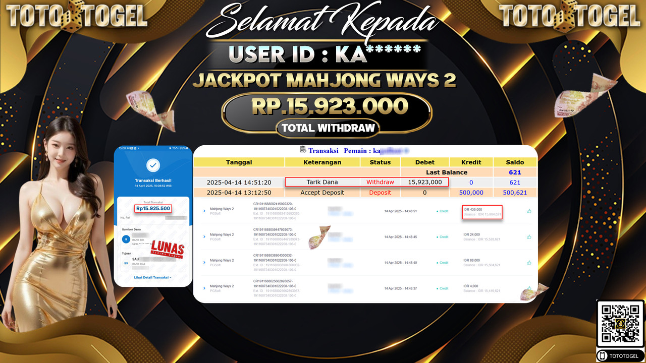 Bukti Pembayaran Jackpot  Permainan Slot Mahjong Ways 2 ID:KA****** LUNAS
