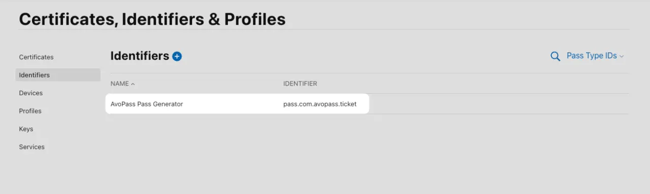Pass Type ID overview Apple Developer Console