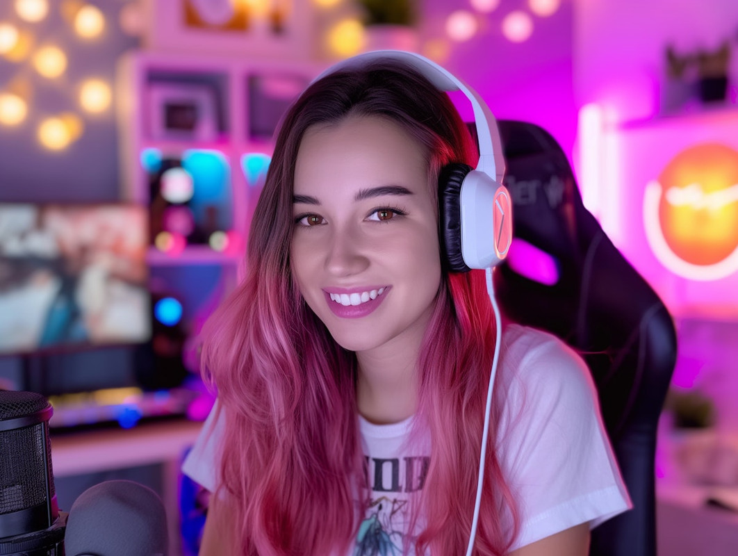 Smiling woman with headphones and microphone
