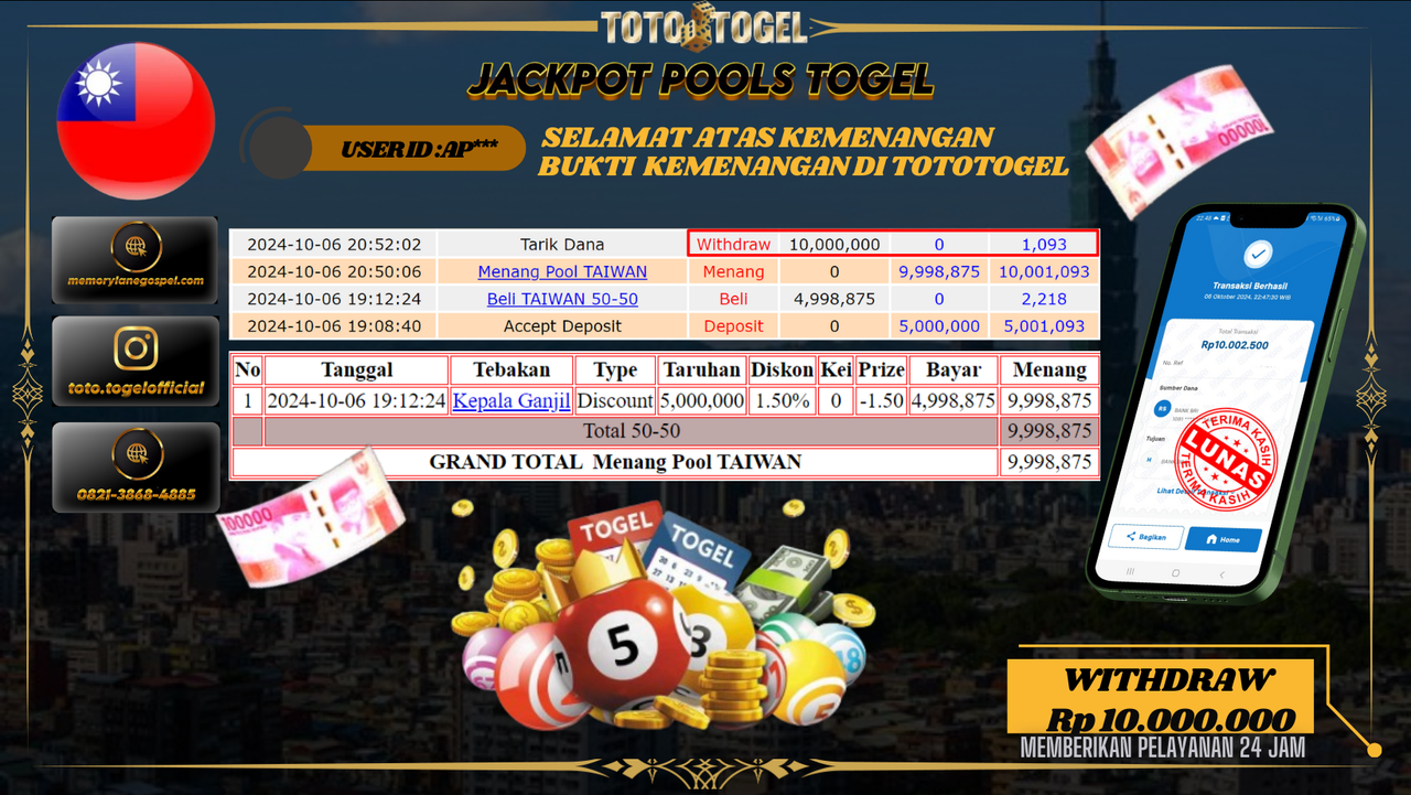 Bukti Kemenangan Permainan Pools Togel Taiwan ID : AP** Terbayar Lunas!!