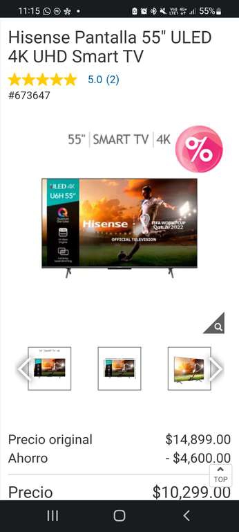 Costco [app]: Hisense Pantalla 55 ULED 4K UHD Smart TV | Pagando con PayPal 