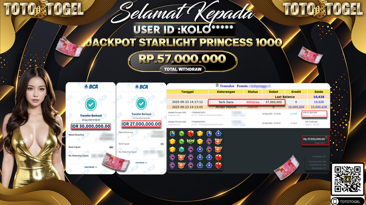 Bukti Pembayaran Jackpot Permainan Slot Starlight Princess 1000  ID:KOLO*** LUNAS