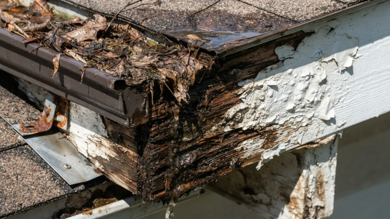 Clogged gutters water overflow fascia damage roof eave San Antonio