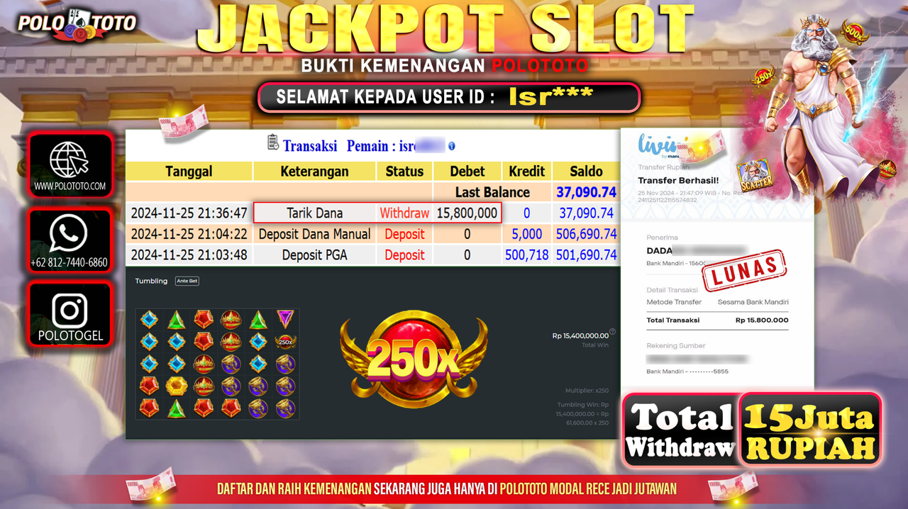 POLOTOTO JACKPOT SLOT GATES OF OLYMPUS Rp.15.000.000,- 