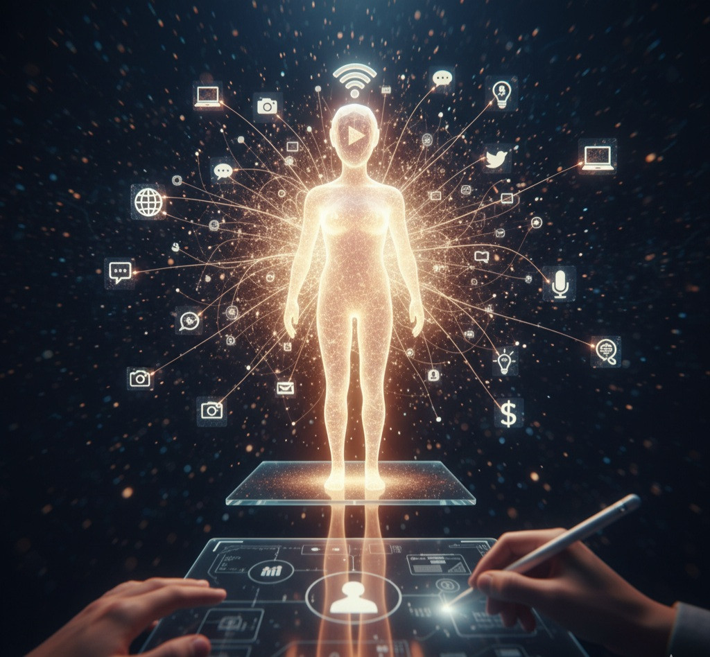 A stylized, illustrative image showing a person projecting a consistent, cohesive brand identity across multiple glowing digital screens and icons, including social media logos, symbolizing a successful online presence.