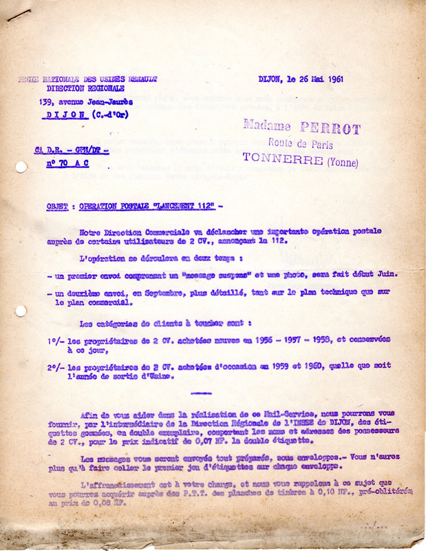 1961 05-26 - R4 - opération postale DCZ-EST Dijon Renault (1)