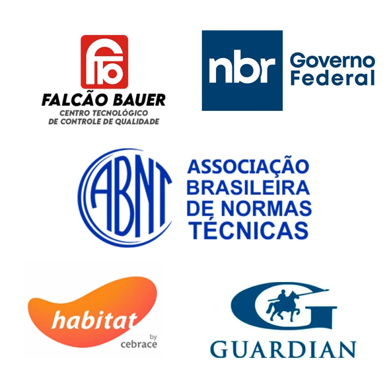 Certificações e Parceiros: Falcão Bauer, NBR, ABNT, Cebrace, Guardian Glass