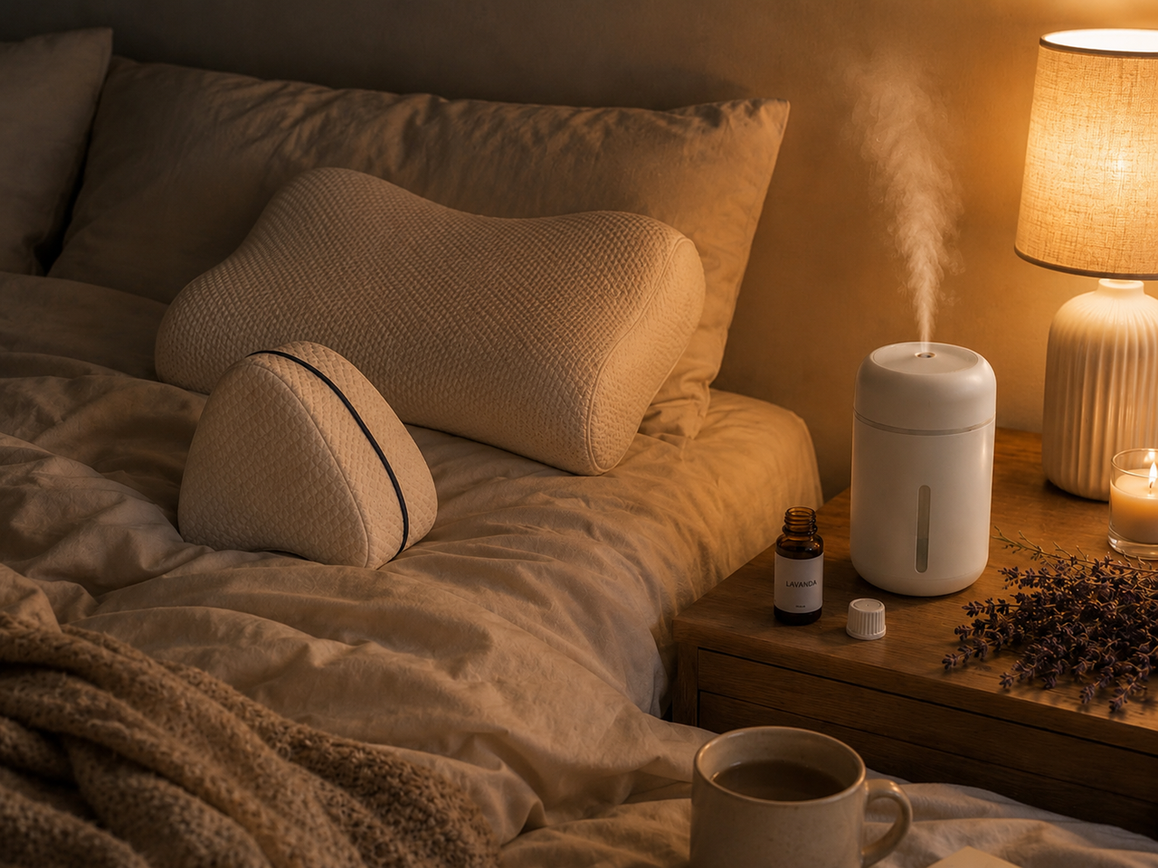 Dormitorio c&aacute;lido con humidificador encendido