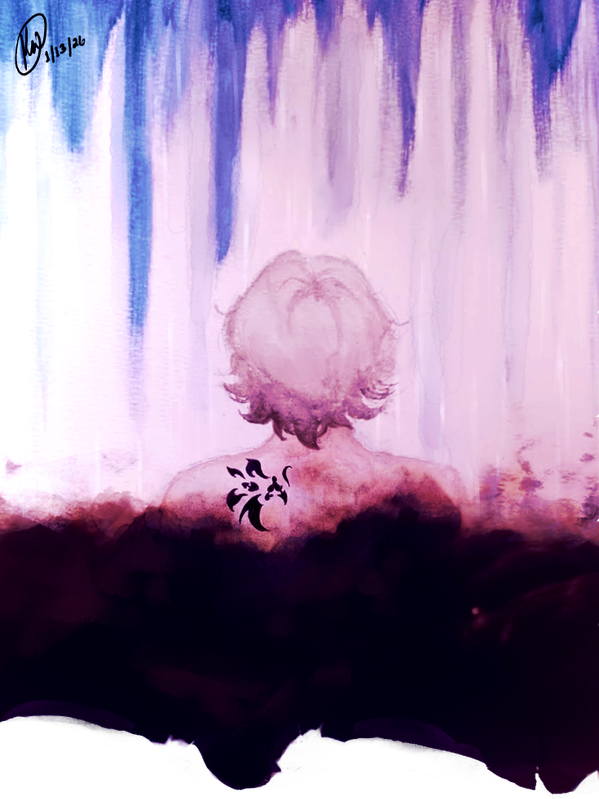 A mixed media illustration of Faust Lavinia (Mahoutsukai no Yakusoku). He stands in the center, back--crest-facing the viewer. The paper is burnt at the bottom, reaching towards him. Rain falls down from the top, creating smoke where it meets the burns.