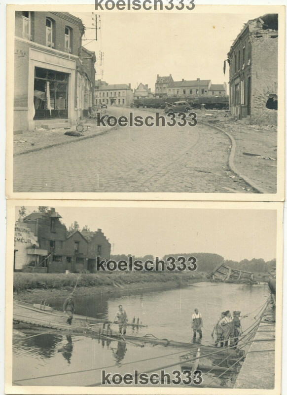 2 Fotos Frankreich Conde Normandie Ruinen Straßenkampf Fahrzeug Wracks Brücke