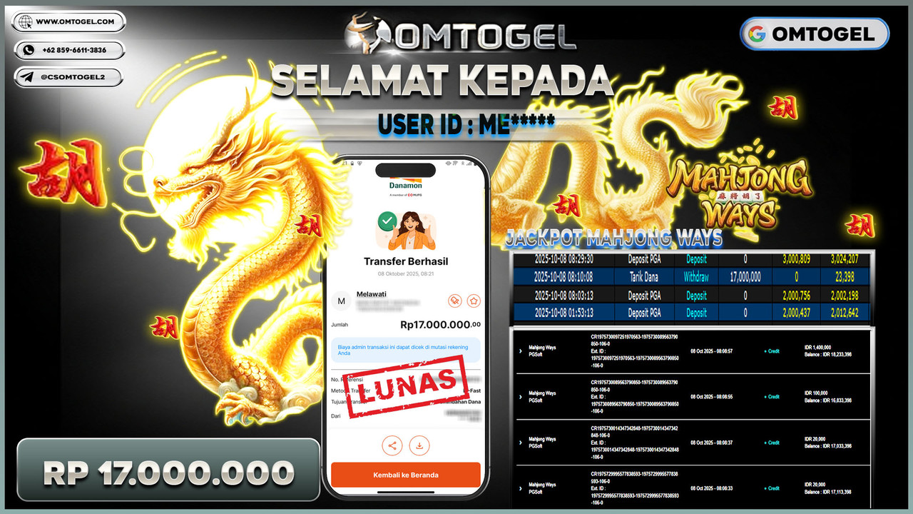 OMTOGEL JACKPOT PGSOFT MAHJONG WAYS 17 JUTA DI BAYAR LUNAS ,-