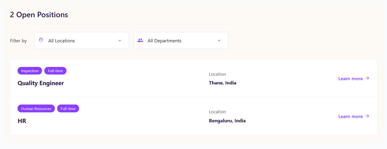 Screenshot of the frontend display with filters and job list.
