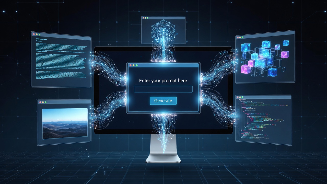 Illustration showing generative AI creating text, images, and code from a single prompt