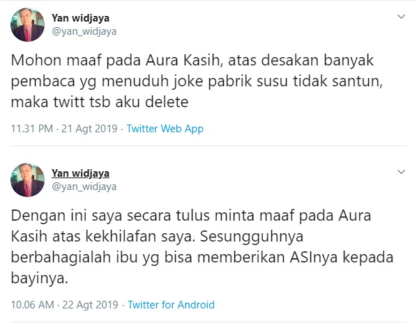 Permohonan maah Yan Widjaya melalui cuitan di twitter 