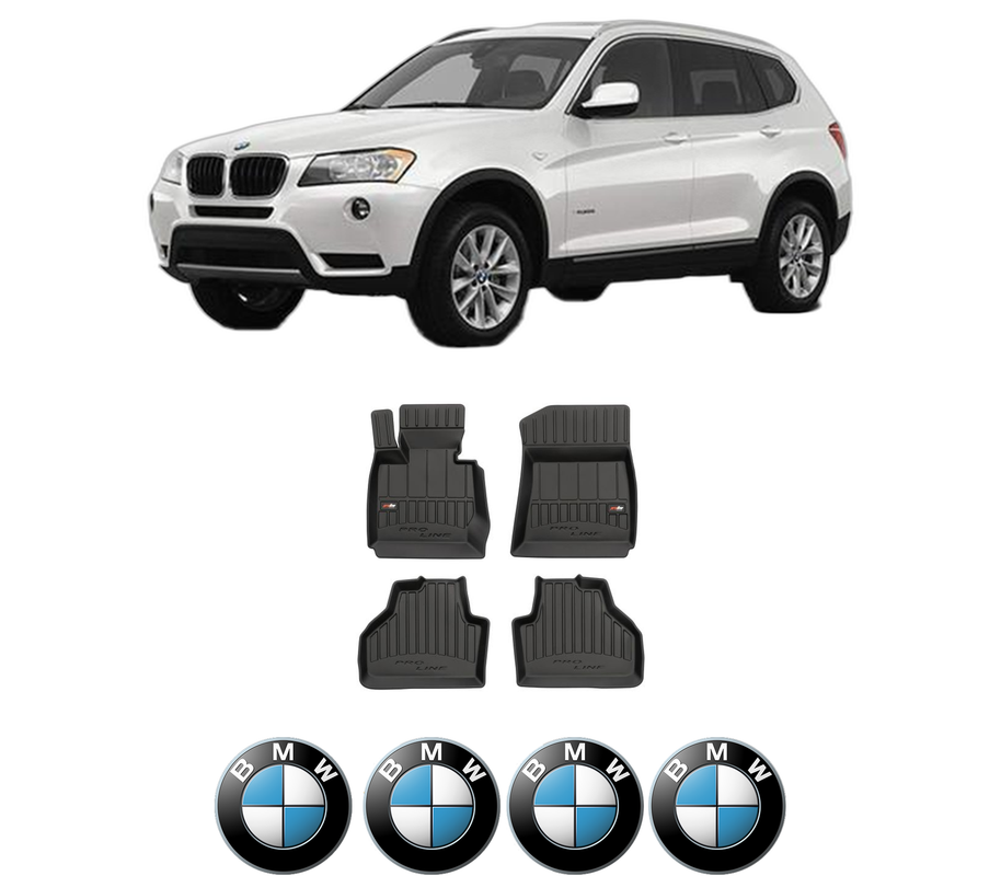 Set covorase presuri BMW Seria X3 (F25) din 2010-2017, auto, din cauciuc thermoplastic, 4 Stickere auto cu BMW Seria