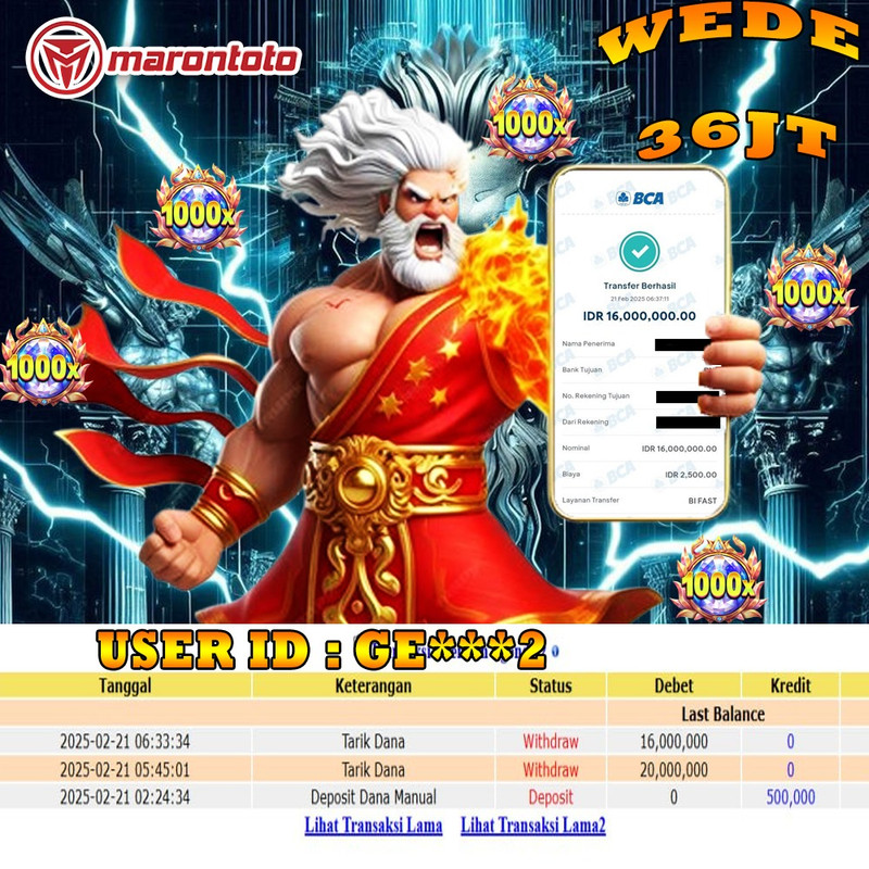 Bukti Kemenangan Member Marontoto Sebesar 36.000,000 JuTa