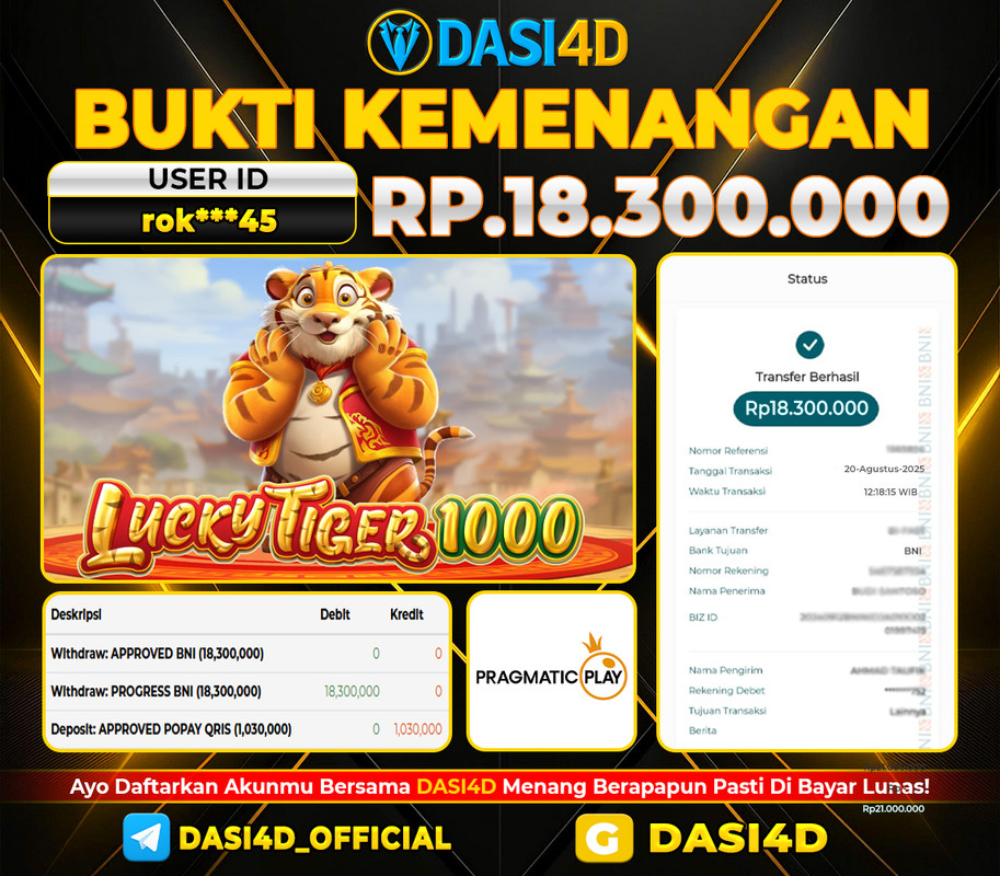 BUKTI KEMENANGAN 20 AGUSTUS 2025 DI LUCKY TIGER 1000 WD 18.300.000