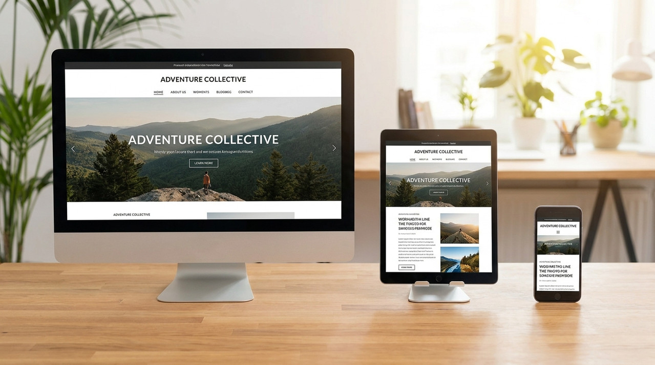 Responsive website design displayed across desktop, tablet and mobile devices