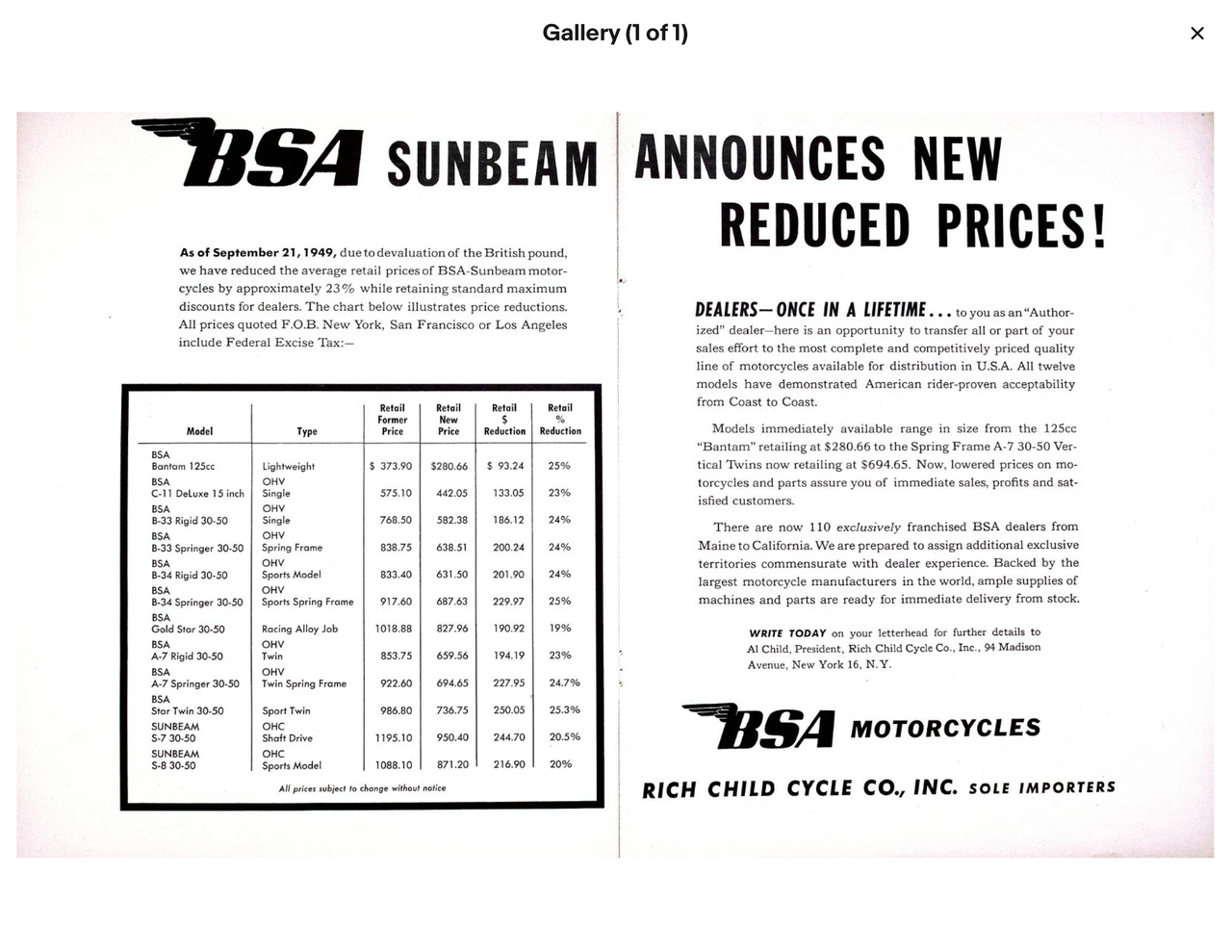 1949 BSA Sunbeam Rich Child Cycle Company 2 Page Vintage Motorcycle Ad e Bay