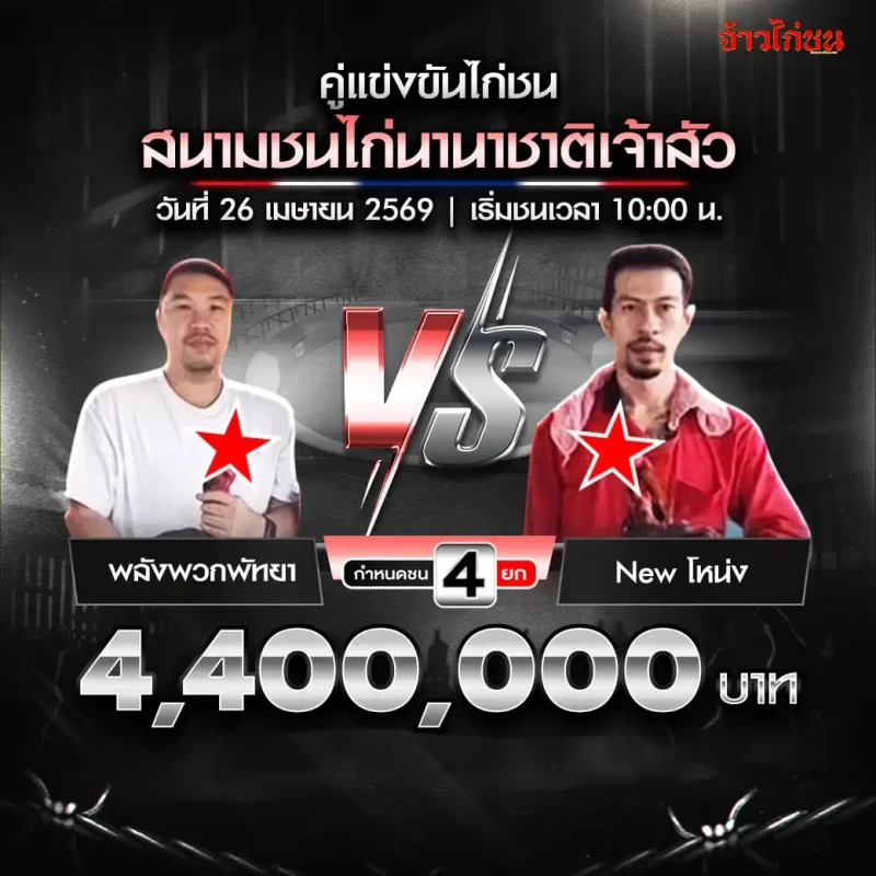 พลังพวกพัทยา พบ ไม่ทราบฝ่าย โปรแกรมไก่ชน สนามชนไก่นานาชาติเจ้าสัว วันที่ 26 เมษายน 2569