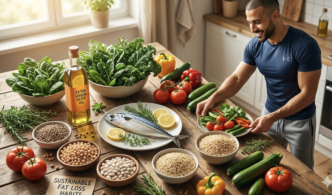 Assortment of Mediterranean diet foods including olive oil, fresh fish, vegetables, legumes, and whole grains on a wooden table, representing sustainable fat loss habits and long term fat loss strategies