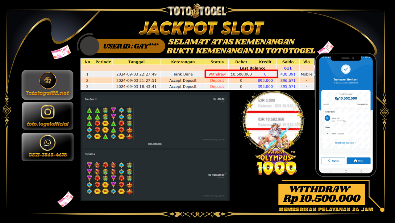 Bukti Kemenangan Permainan Slot Gates Of Olympus 1000 Dengan ID : GAY****  Terbayar Lunas!!