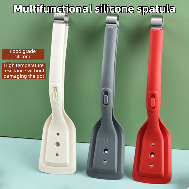 2-in-1 Marble Pattern Silicone Spatula Tongs with Locking Clip & Oil Drainage - Non-Stick Heat Resistant Food Flipper & Kitchen Clamp