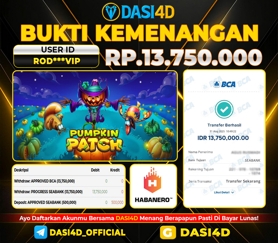 BUKTI KEMENANGAN 31 AGUSTUS 2025 DI PUMPKIN PATCH  RP. 13.750.000