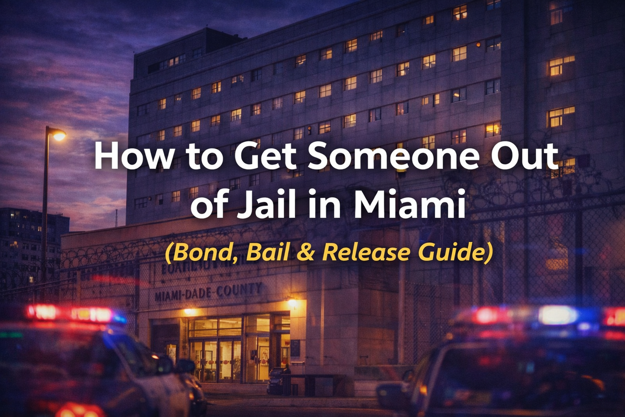 Exterior of Miami-Dade jail facility at night representing the process of posting bail and securing release