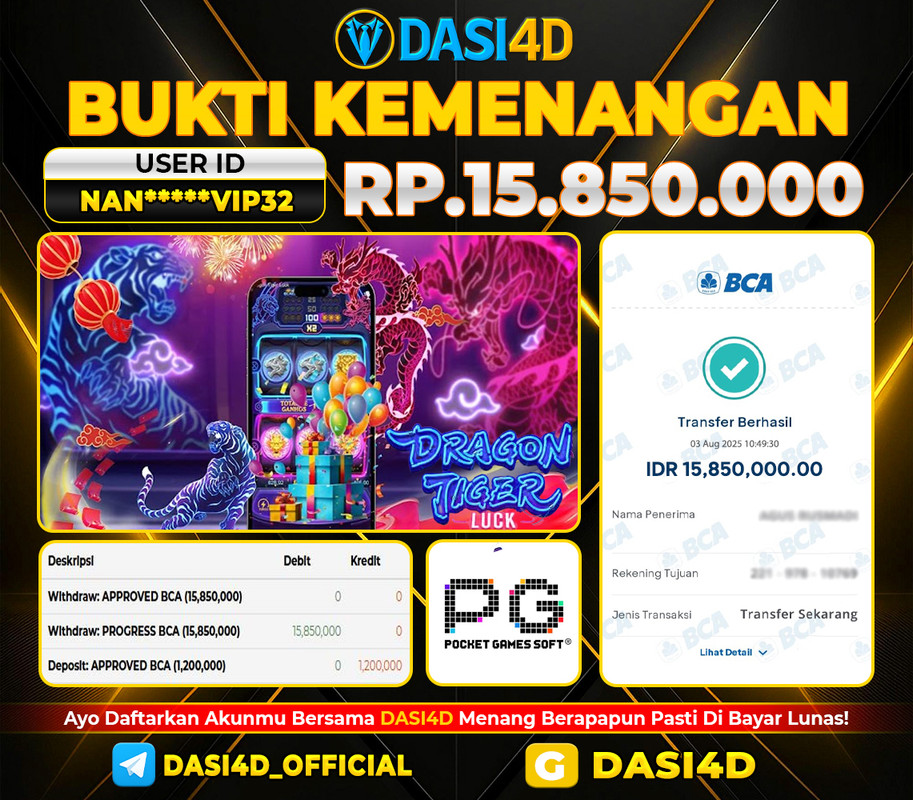BUKTI KEMENANGAN 03 AGUSTUS DI DRAGON TIGER WD 15.850.000
