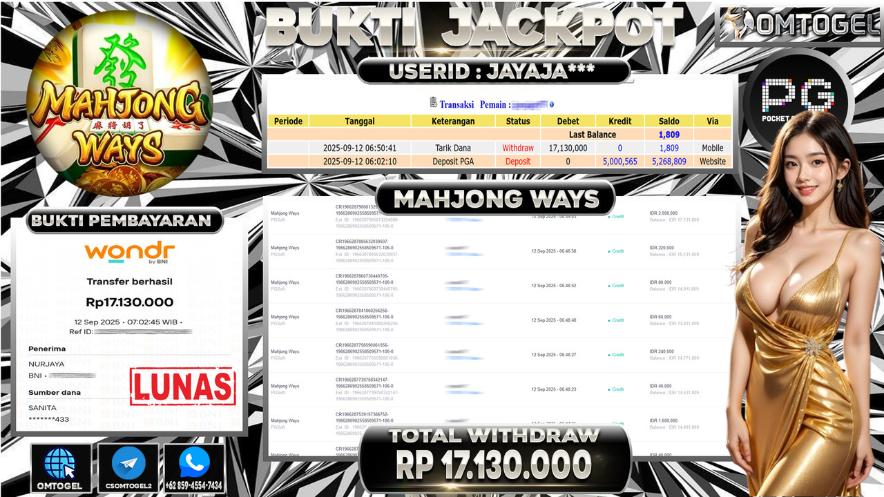 OMTOGEL JACKPOT PGSOFT MAHJONG WAYS 17 JUTA DI BAYAR LUNAS ,-