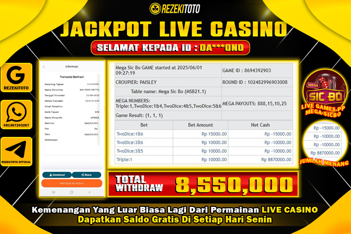 BUKTI KEMENANGAN 02 JUNI 2025 LIVE GAMES PP : MEGA SICBO WD 8 JUTA 