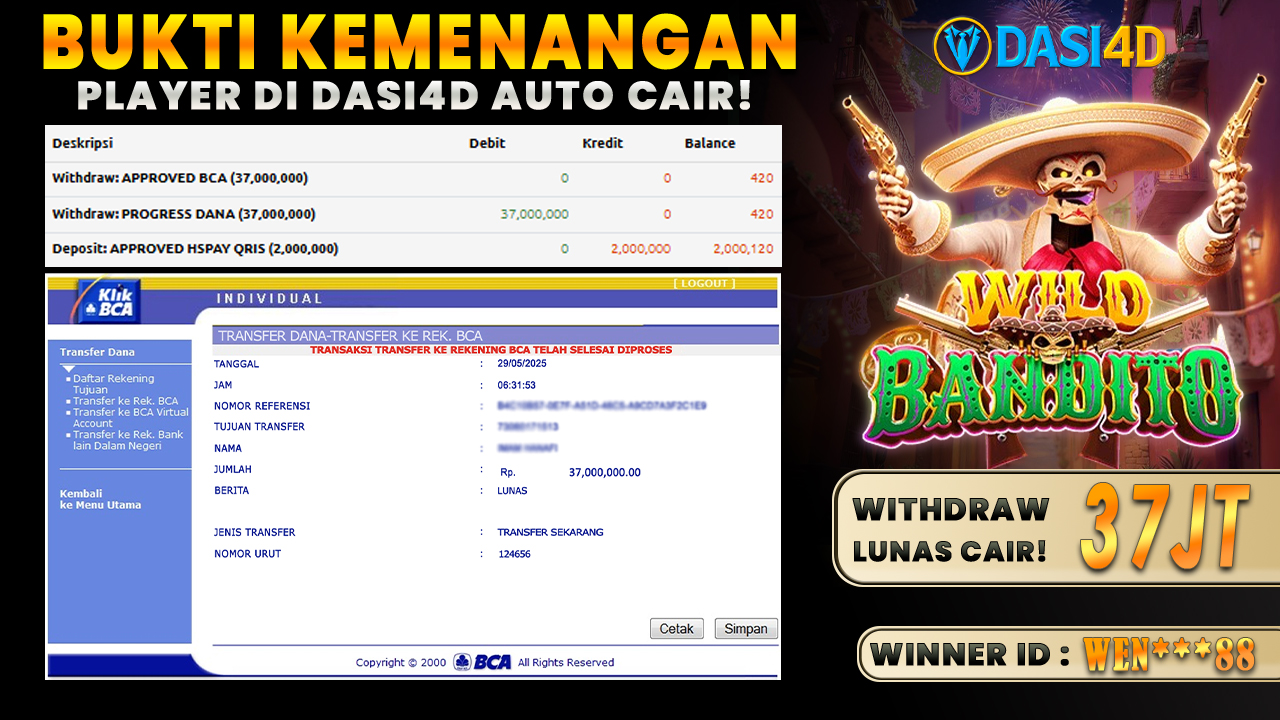 BUKTI KEMENANGAN 29 MEI 2025 DI WILD BANDITO WD 37 JUTA