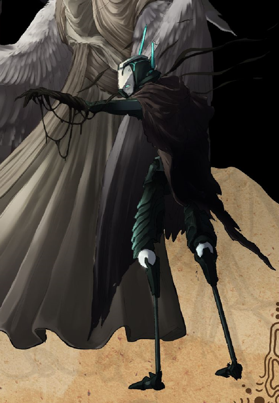 A robot, Blink, with a brown cloak on. Their arm is outstretched, and they seem to be between standing and kneeling. A black, tar-like substance seems to be emanating from the outstretched arm.
