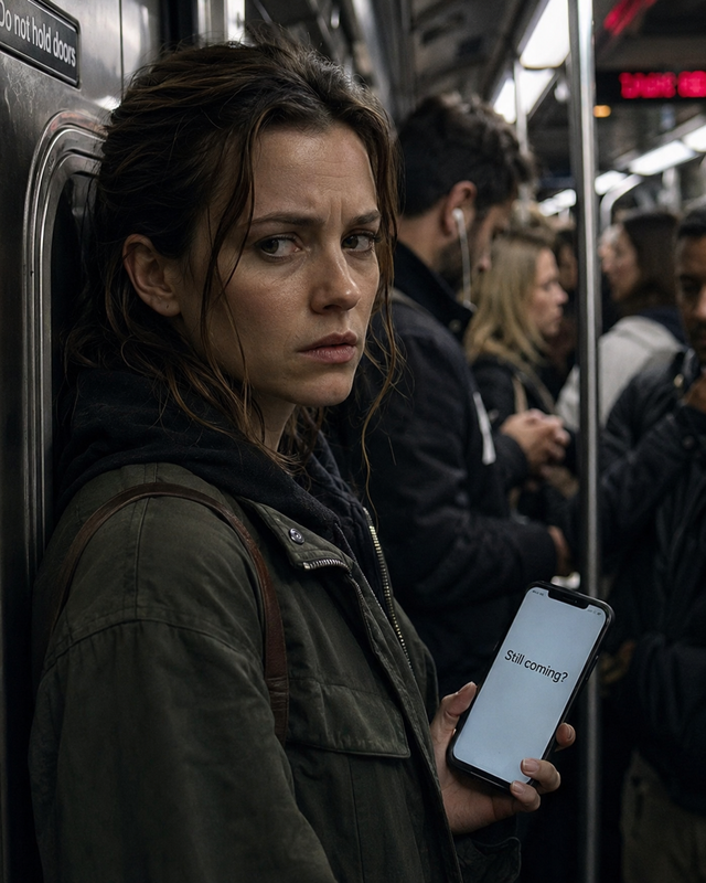 Mara holding a phone on a stalled subway train, showing how a route changes the emotional weight of a message