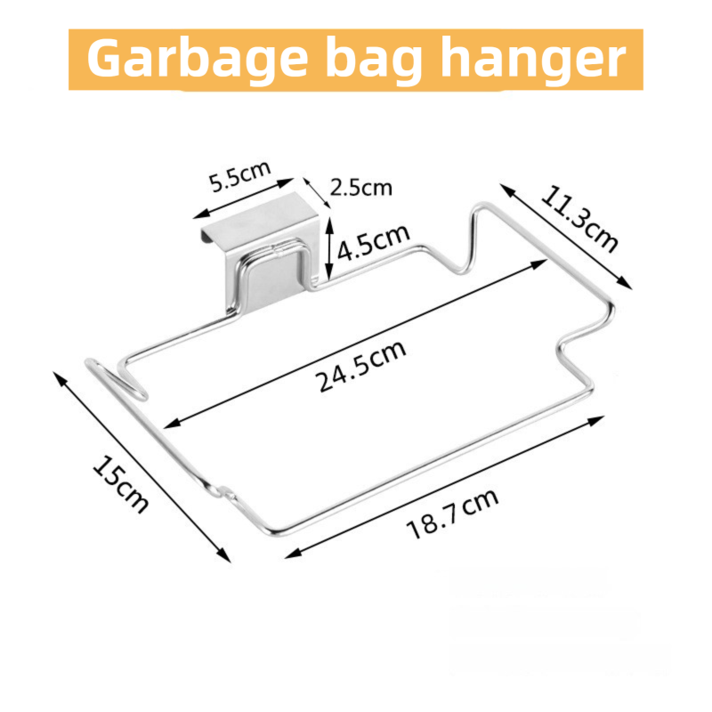 Large Stainless Steel Over-Cabinet Trash Bag Holder with Curved Ear Hook - Heavy Duty Hanging Waste Bag Support for Home & Office