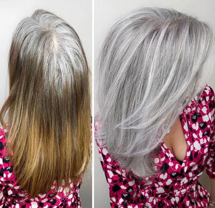 Gray hair makeover to ash blonde
