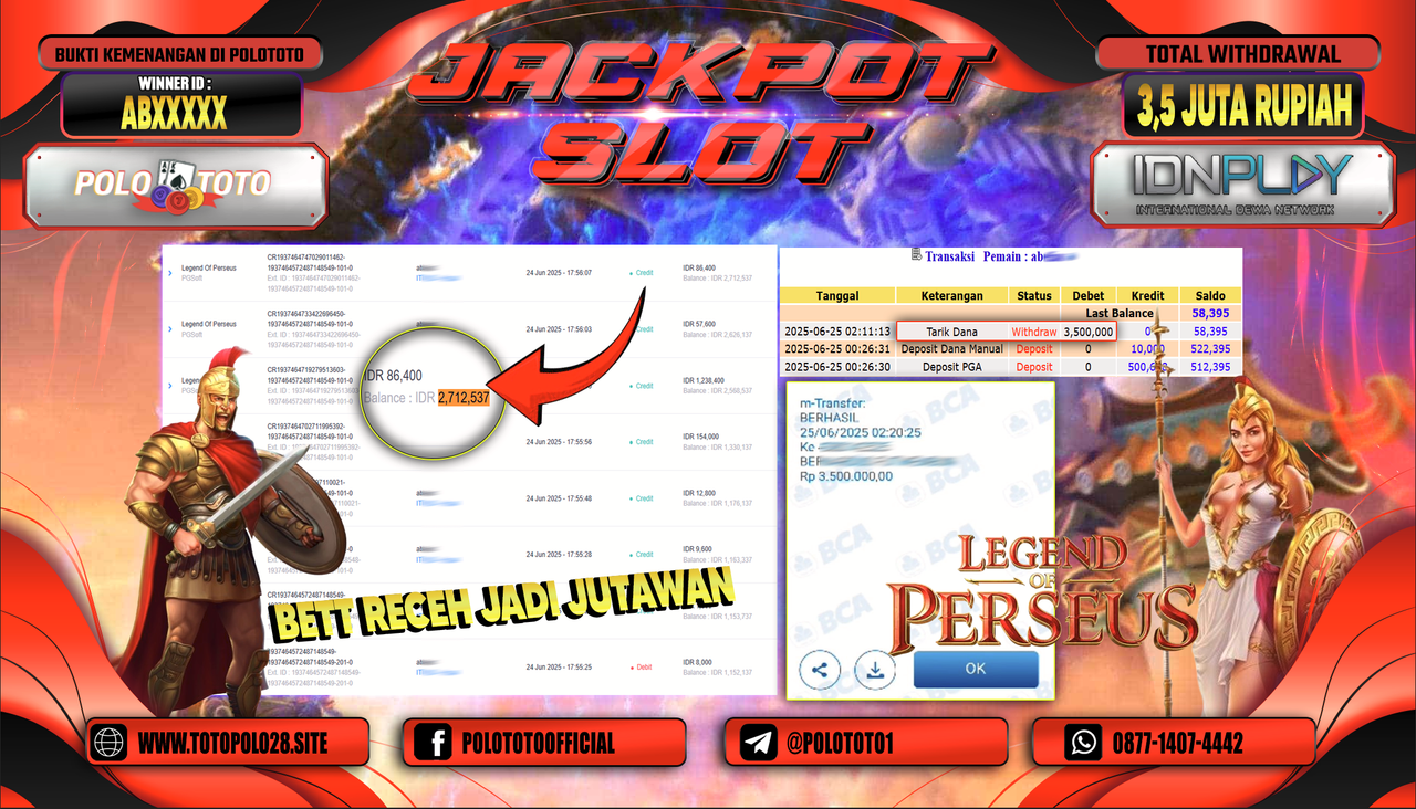 POLOTOTO JACKPOT SLOT LEGEND OF PERSEUS Rp.3.500.000,-
