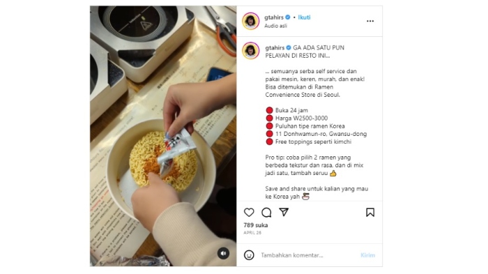 Momen seru Grace Tahir kulineran ke sebuah resto ramen saat sedang liburan ke Korea Selatan beberapa waktu lalu.