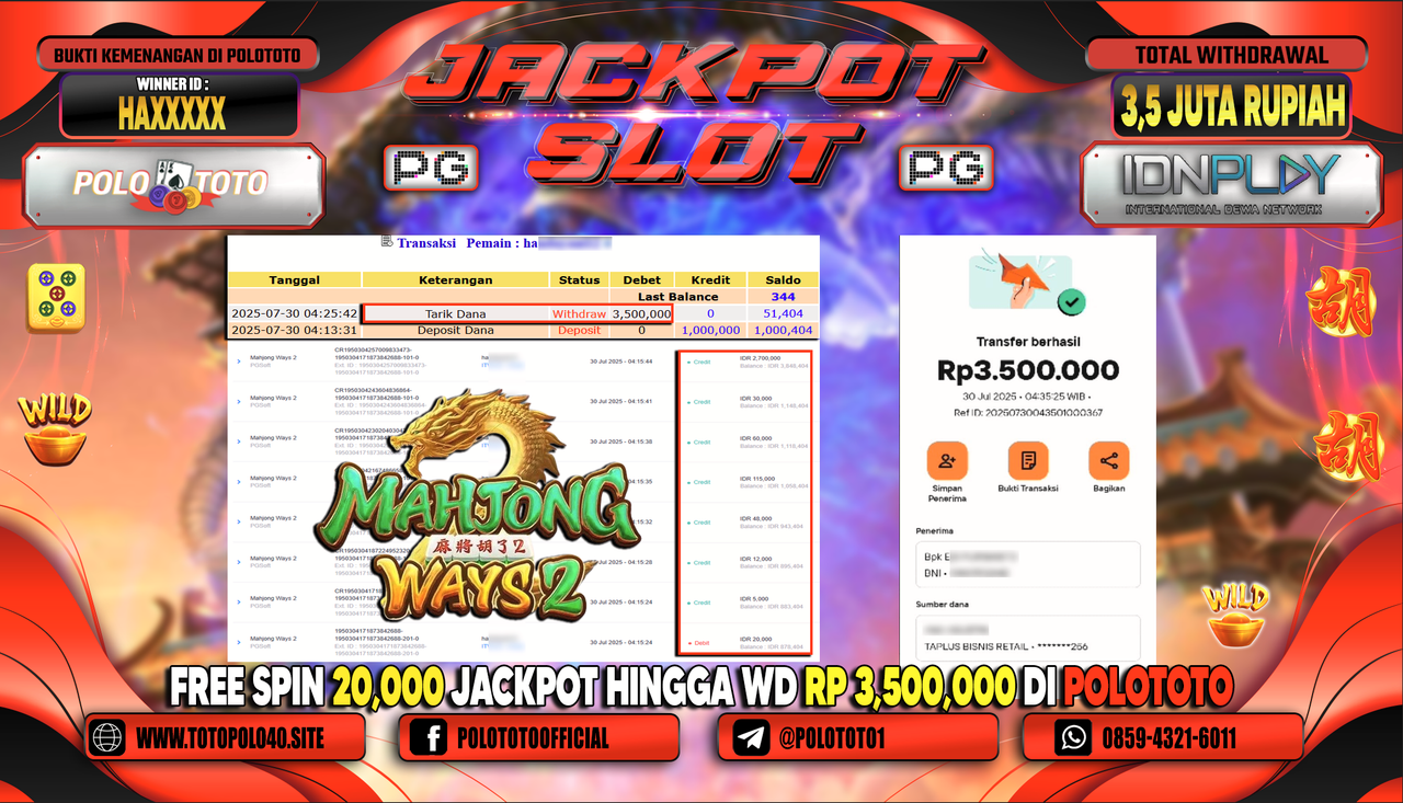 POLOTOTO JACKPOT SLOT MAHJONG WAYS 2 Rp.3.500.000,-LUNAS